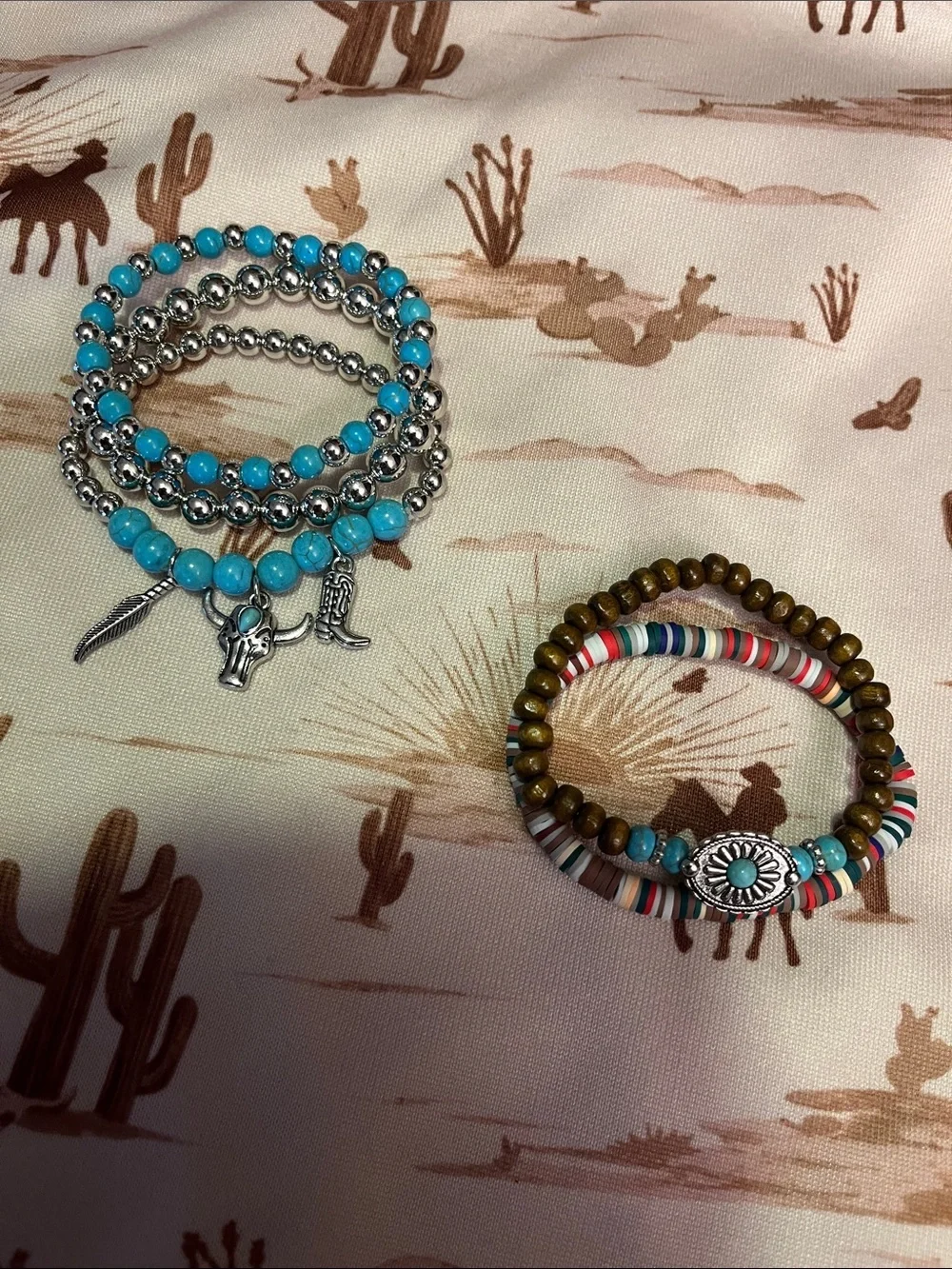 Fashion Jewelry Turquoise, Silver and Brown Layered Charm Bracelet Set